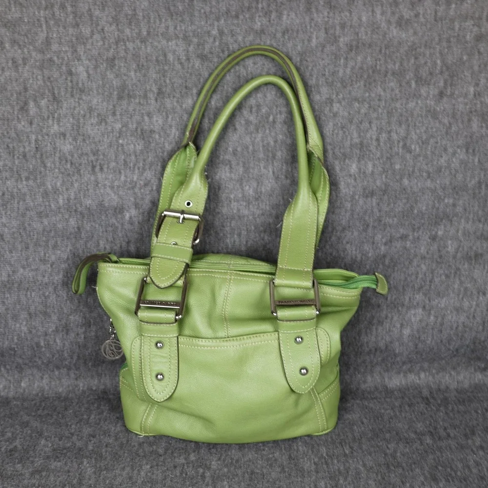 Franco Sarto Shoulder Bag Womens Medium Green Leather Buckle Zip Pockets Charm